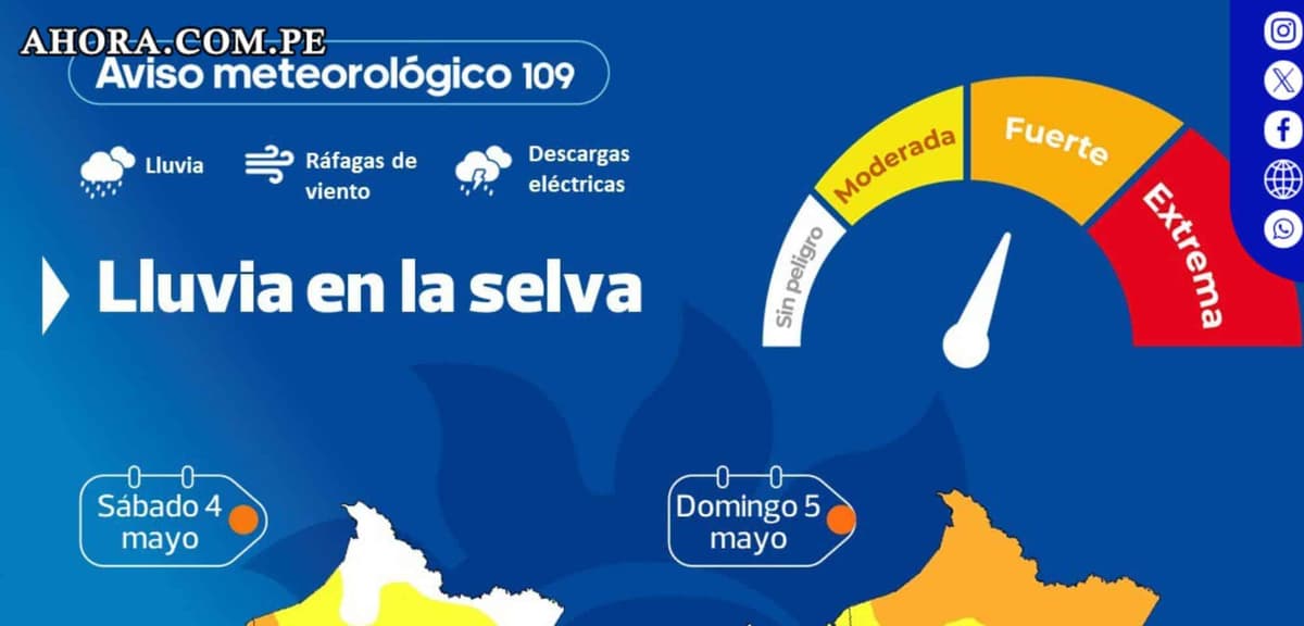 Aviso naranja por lluvias intensas en la selva del Perú este fin de semana