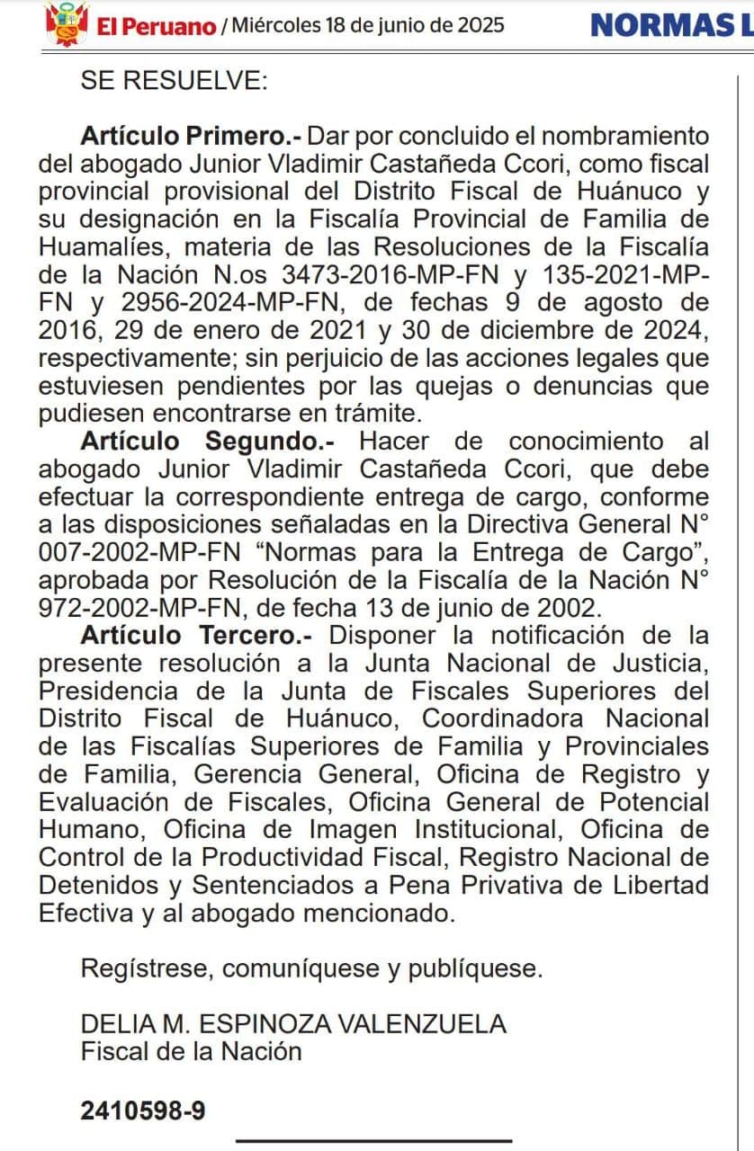 Fiscal de Familia en Huamalíes cesado tras fatal accidente vehicular en Huánuco