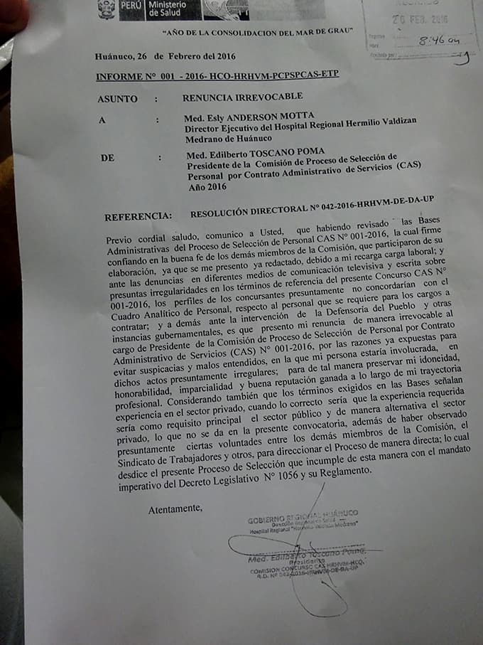 Escándalo en Hospital Hermilio Valdizán por concurso cas