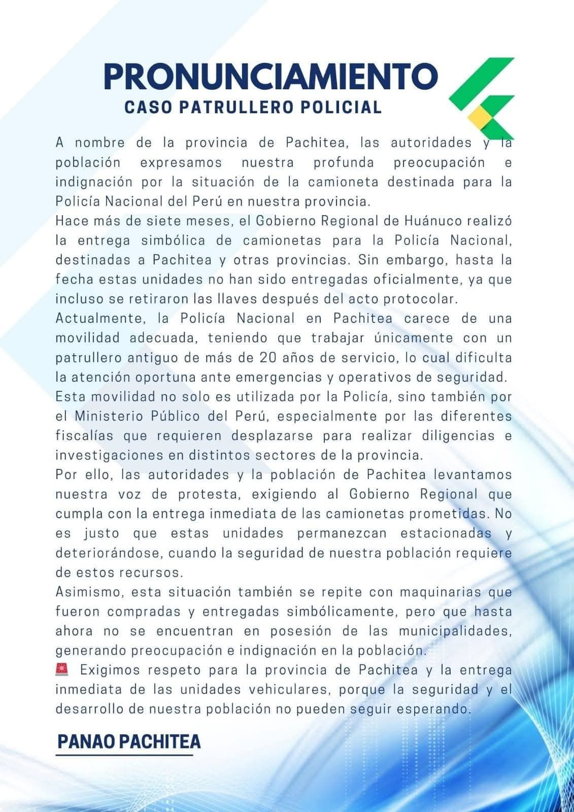 Pachitea exige camionetas policiales prometidas desde hace 7 meses por el Gorehco 