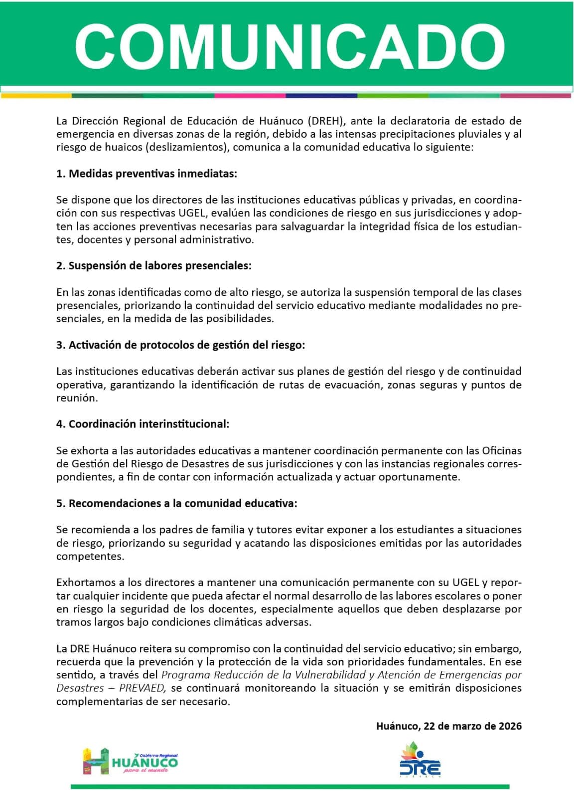 Suspensión de clases y alertas: DRE Huánuco activa medidas por lluvias y huaicos