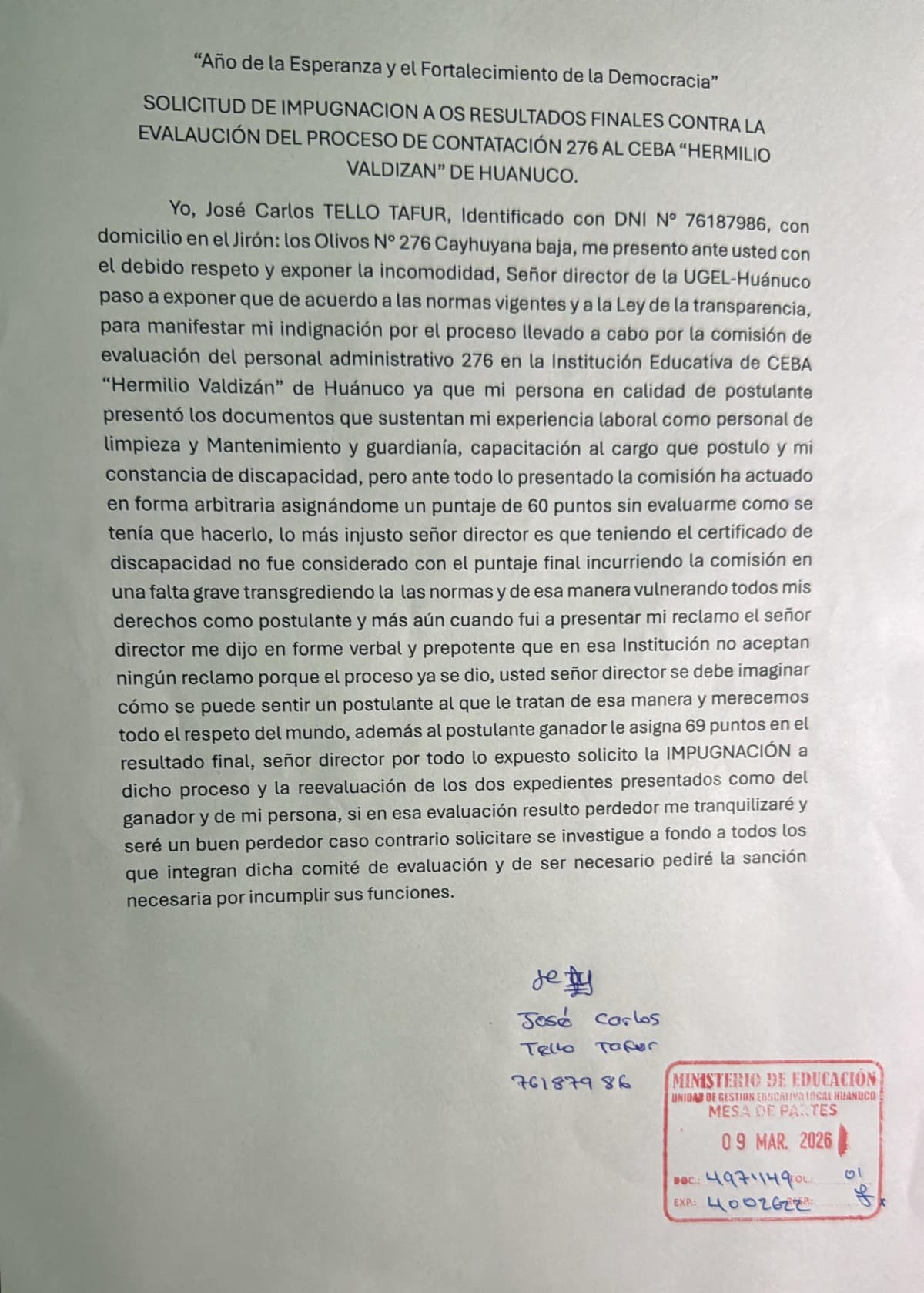 Denuncian presunta discriminación en contratación del CEBA Hermilio Valdizán en Huánuco