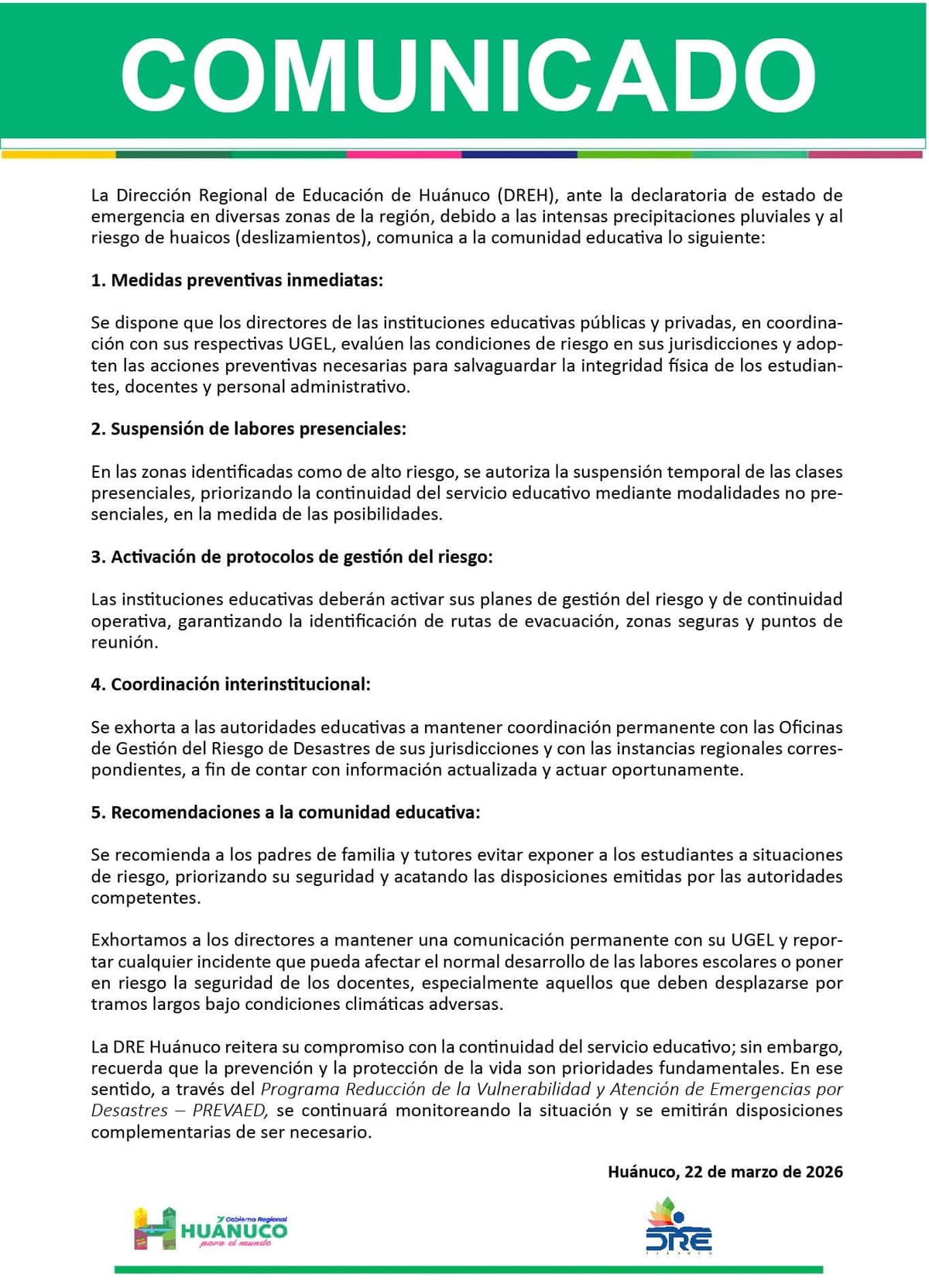 DRE Huánuco suspende clases presenciales en zonas de alto riesgo por lluvias y huaicos