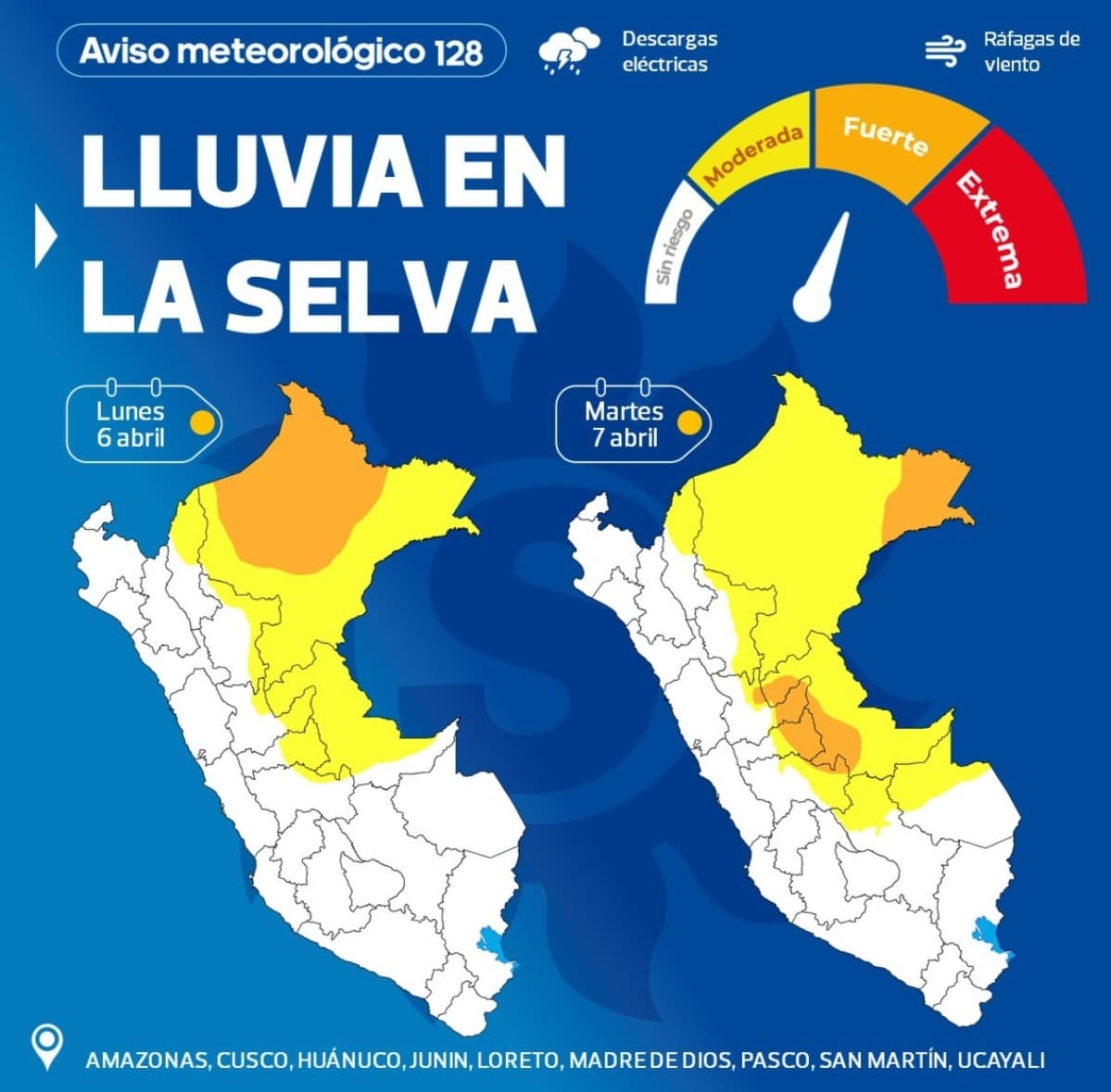 Senamhi alerta lluvias intensas y descargas eléctricas en la selva peruana