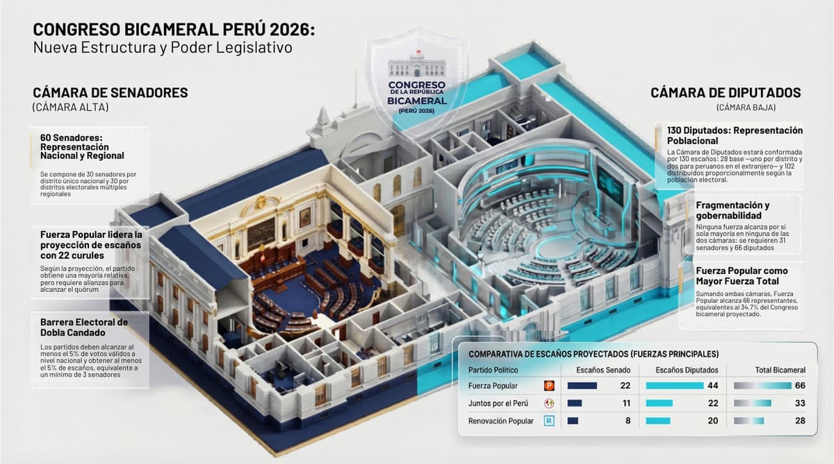 Renovación lidera votos al Senado, pero Fuerza Popular domina la proyección de escaños