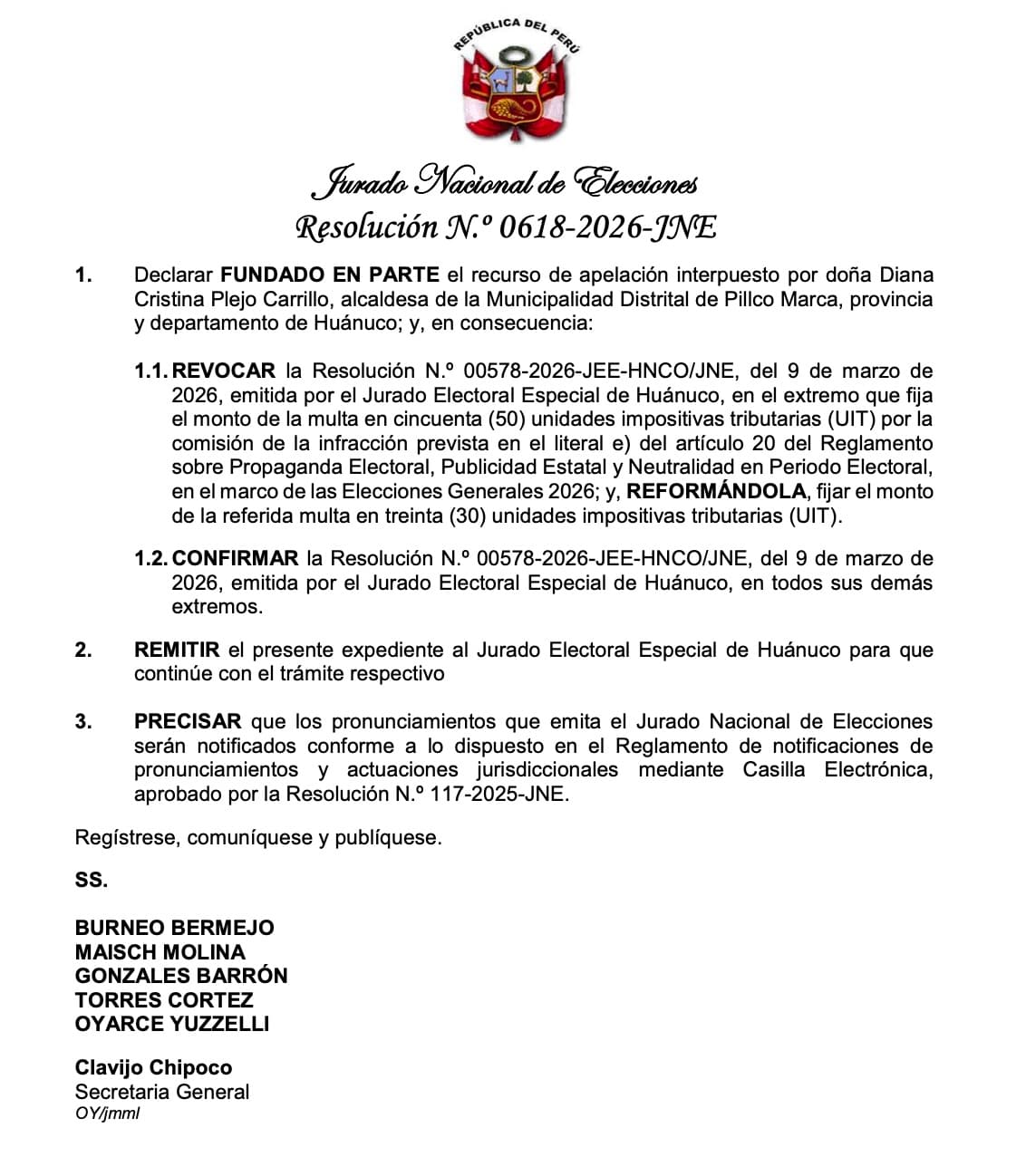 JNE confirma segunda sanción a alcaldesa de Pillco Marca y suma 60 UIT personales