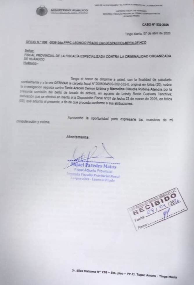 Caso por presunto lavado de activos fue derivado a Fiscalía de Huánuco