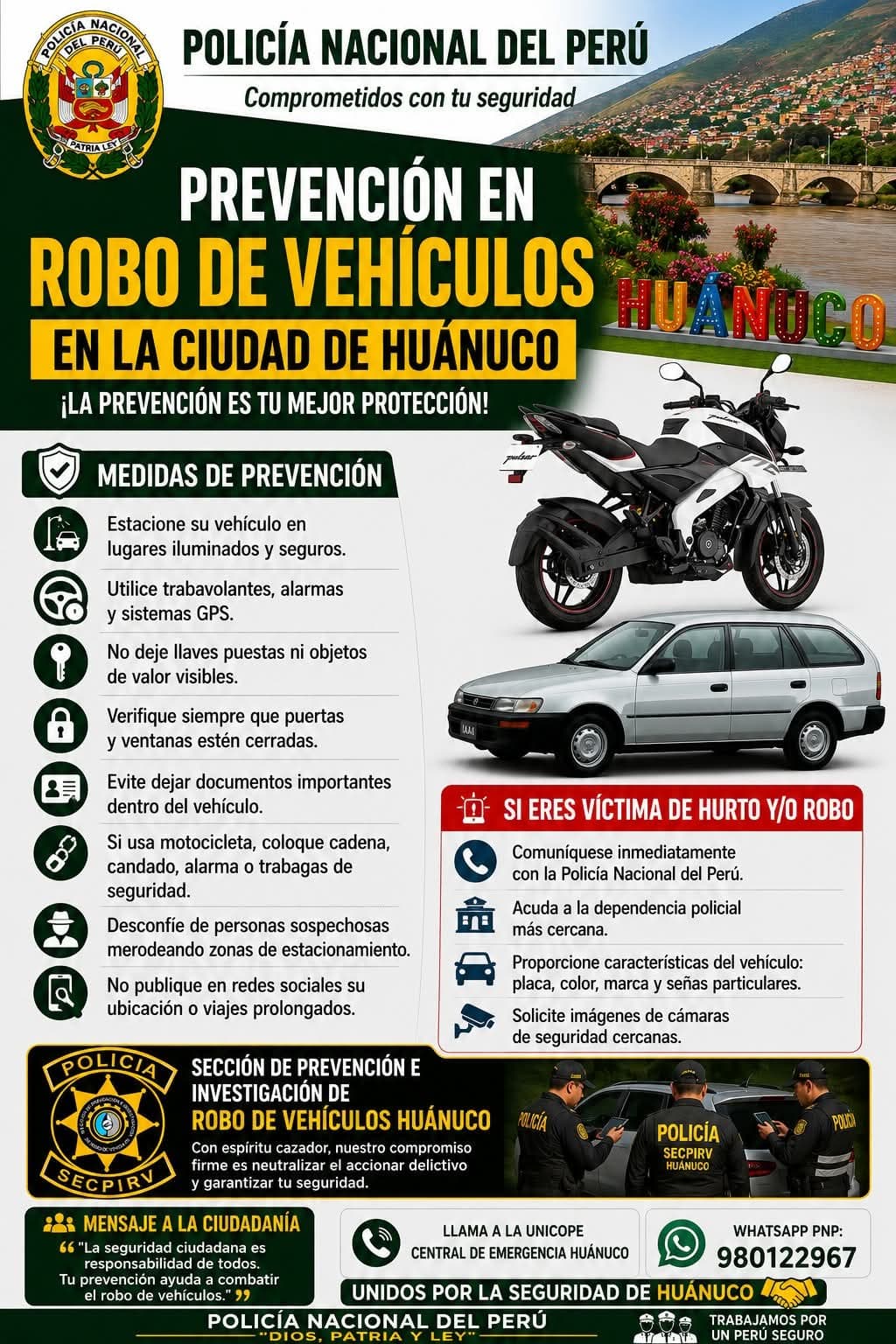 Refuerzan campaña contra robo de vehículos y extorsión en Huánuco
