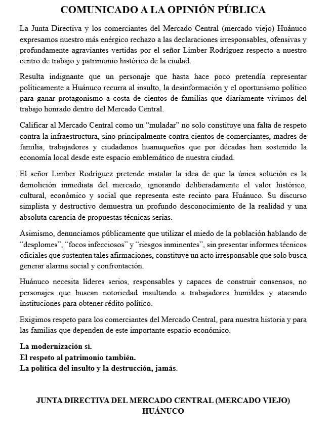 Mercado Central rechaza declaraciones de Limber Rodríguez y defiende valor histórico del recinto
