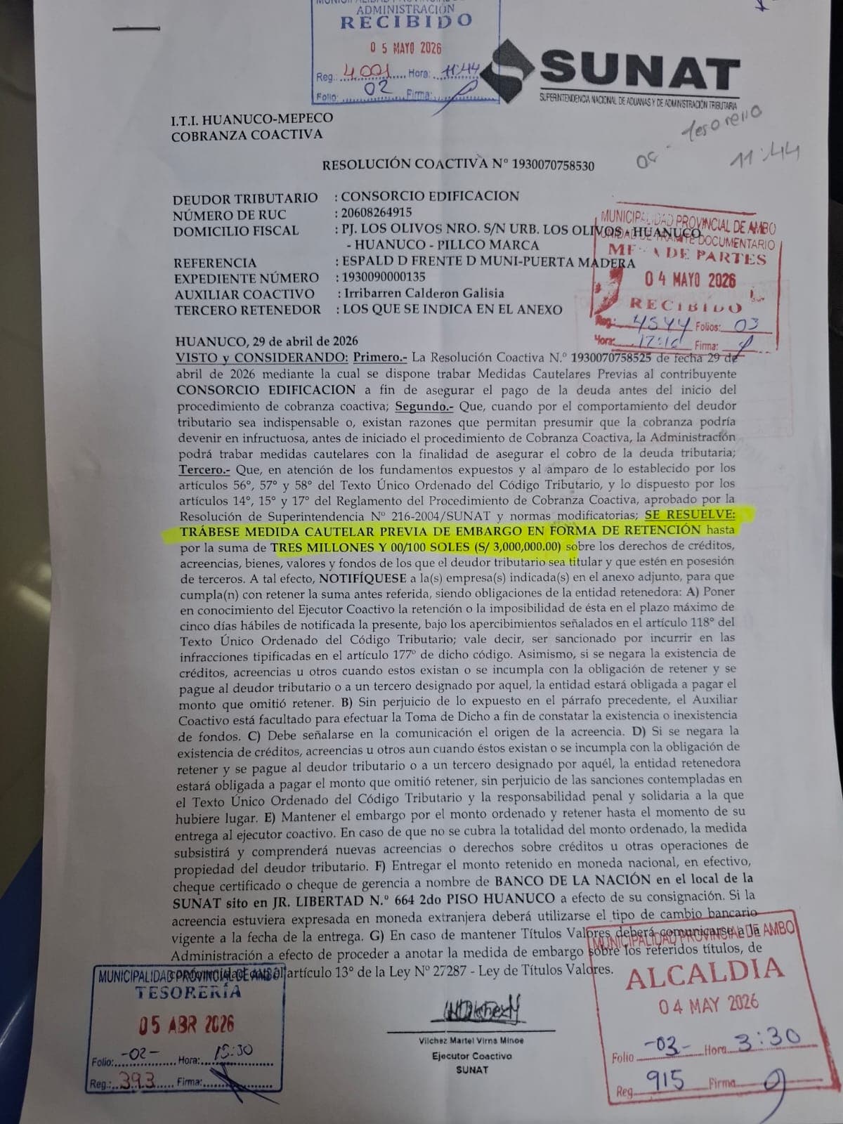 Ordenan retención de tres millones de soles al Consorcio Edificar Ambo por irregularidades