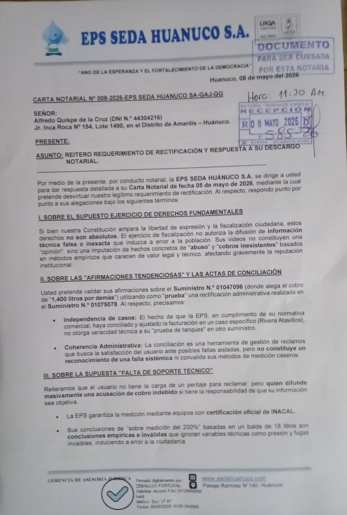 Denuncian presión legal de SEDA Huánuco tras reclamos por recibos elevados