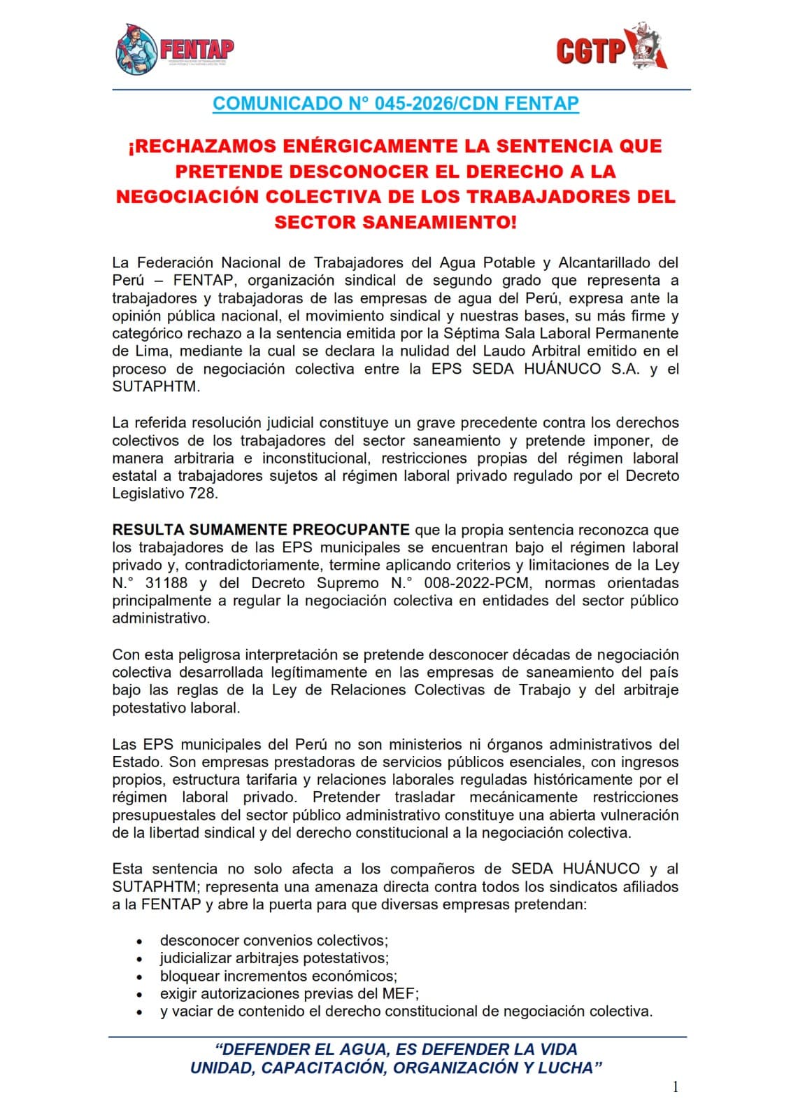 Sindicatos del agua rechazan nulidad de negociación colectiva y exigen cambios en Sedapal