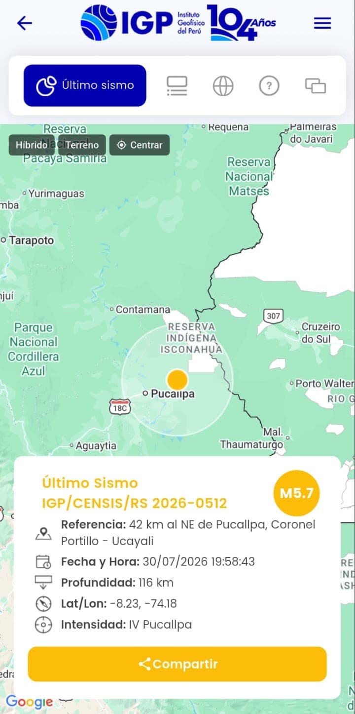 Sismo de magnitud 5.7 alcanzó aceleración de 7.0 cm/s2 en Huánuco