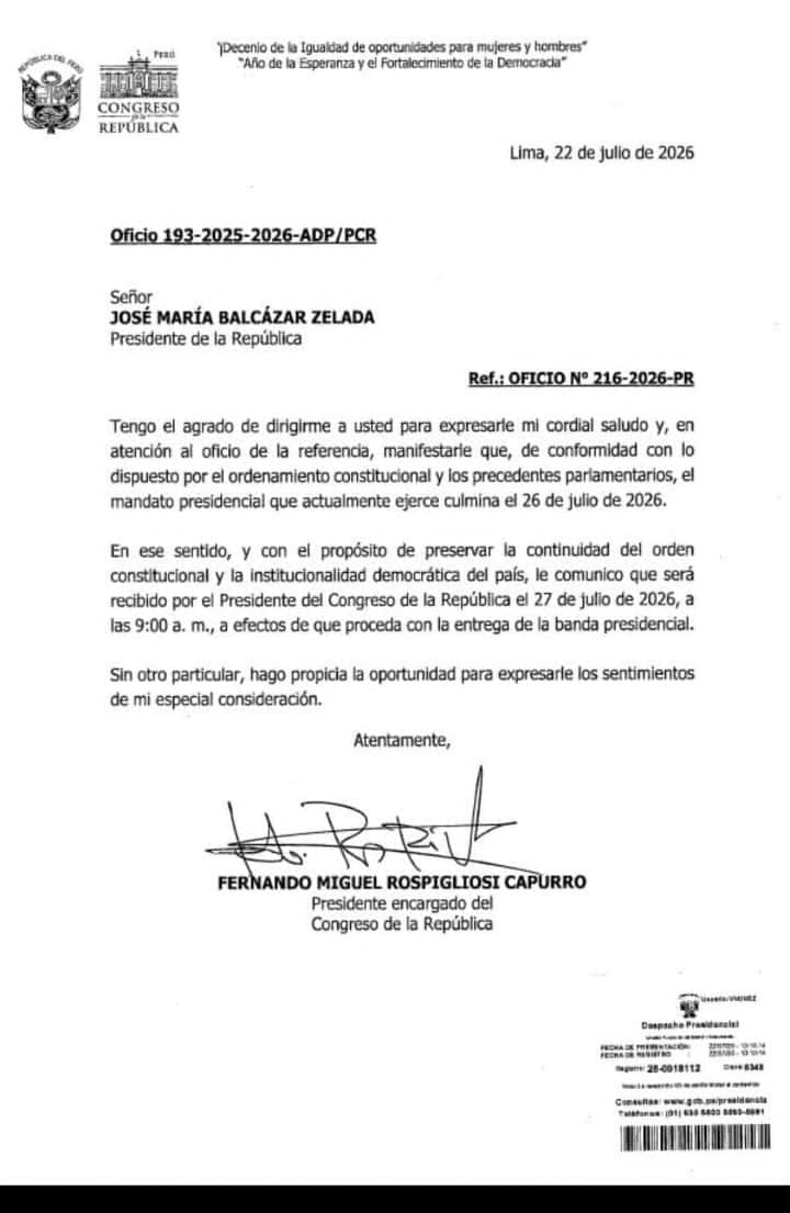 Congreso exige que Balcázar deje la Presidencia el 26 de julio y abre controversia sobre la sucesión