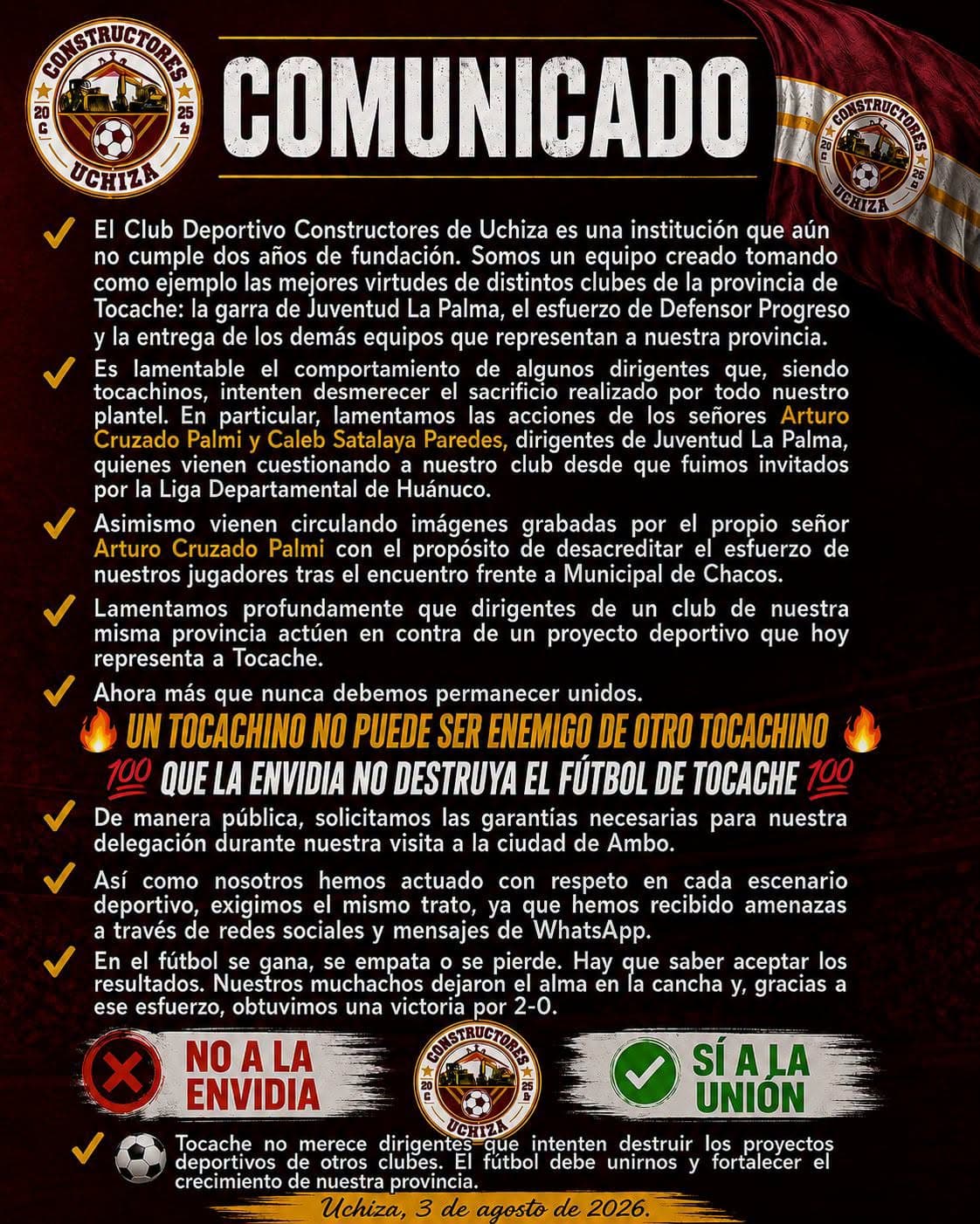 Constructores solicita garantías para jugar en Ambo