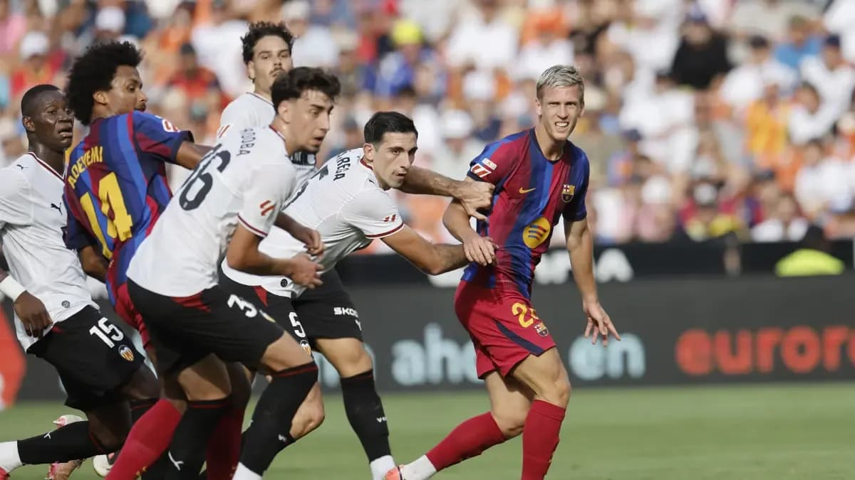 Dani Olmo responde desde el banquillo: dos asistencias en 10 minutos en la goleada del Barça en Mestalla