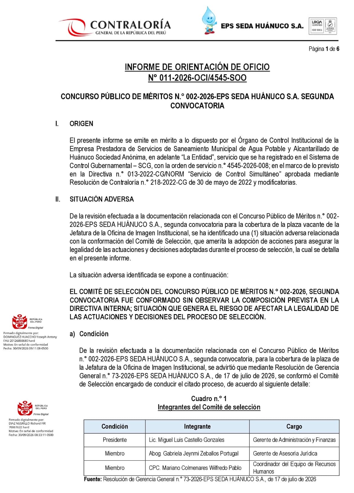 Contraloría: Seda Huánuco conformó con tres miembros un comité que debía tener dos