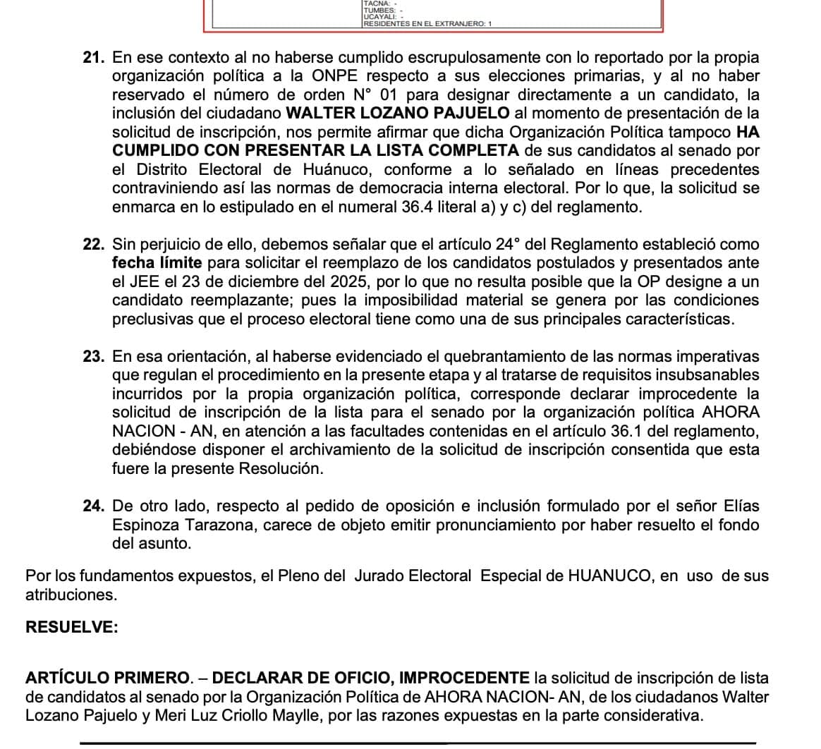 JEE Huánuco rechaza lista al Senado de Ahora Nación por incumplir normas internas