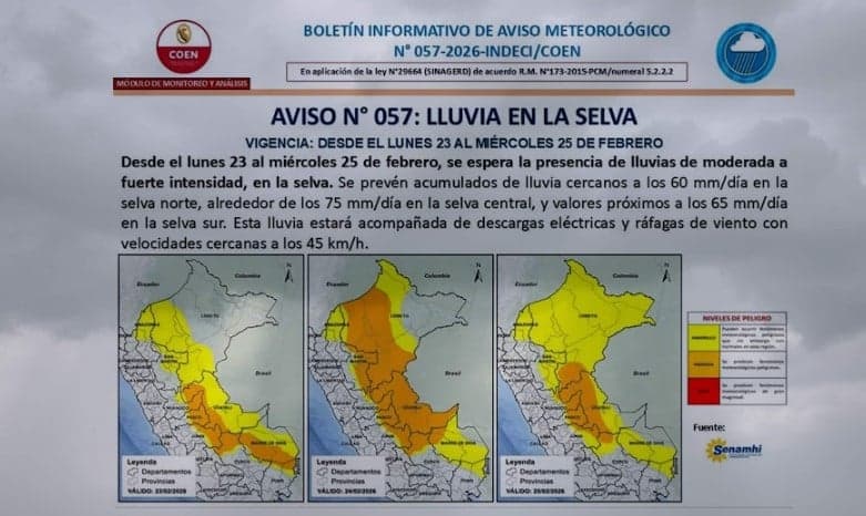 Alerta por lluvias intensas de hasta 65 mm por día, con riesgo de granizo y nieve