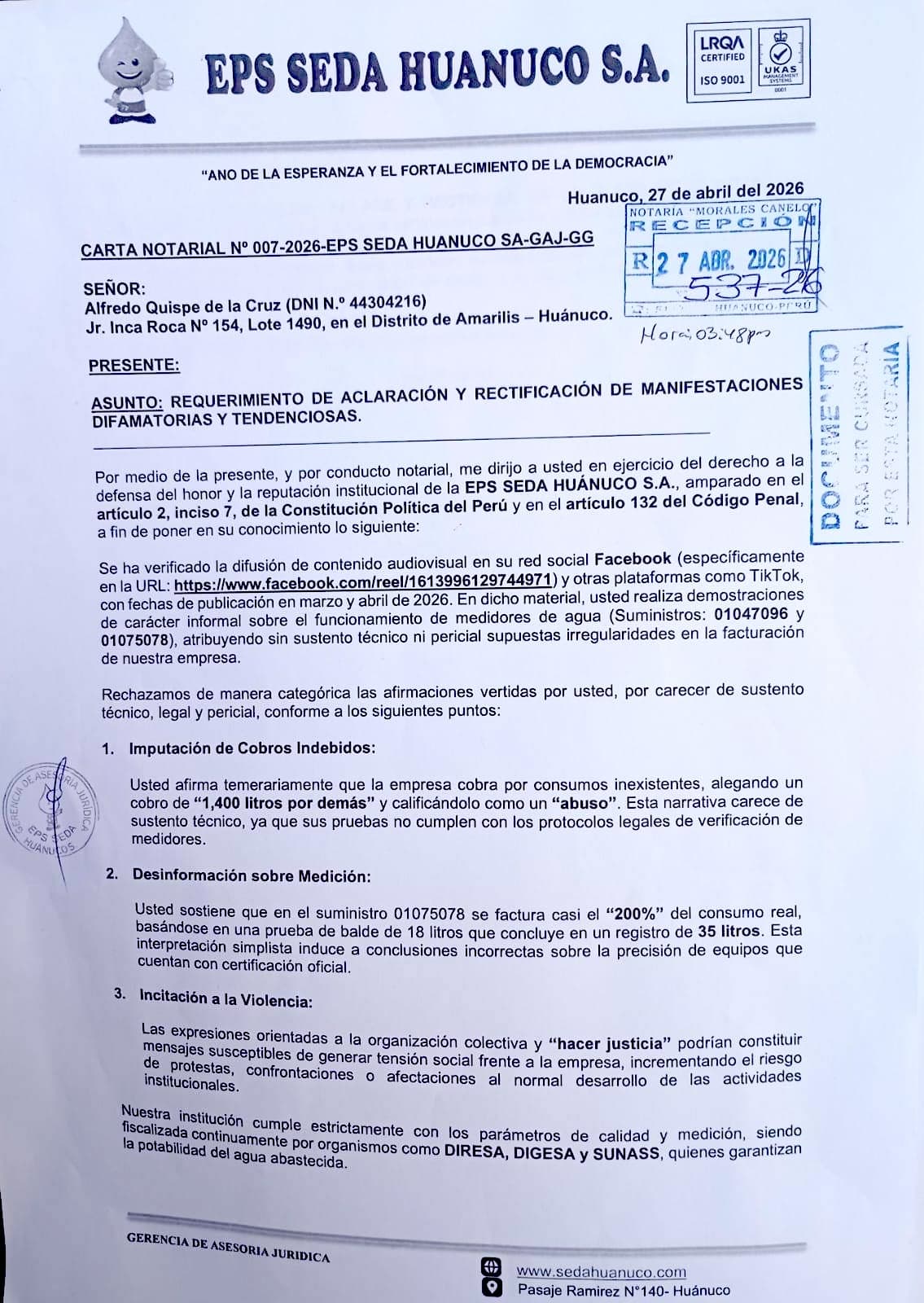 Dirigente denuncia intimidación legal tras revelar errores en facturación