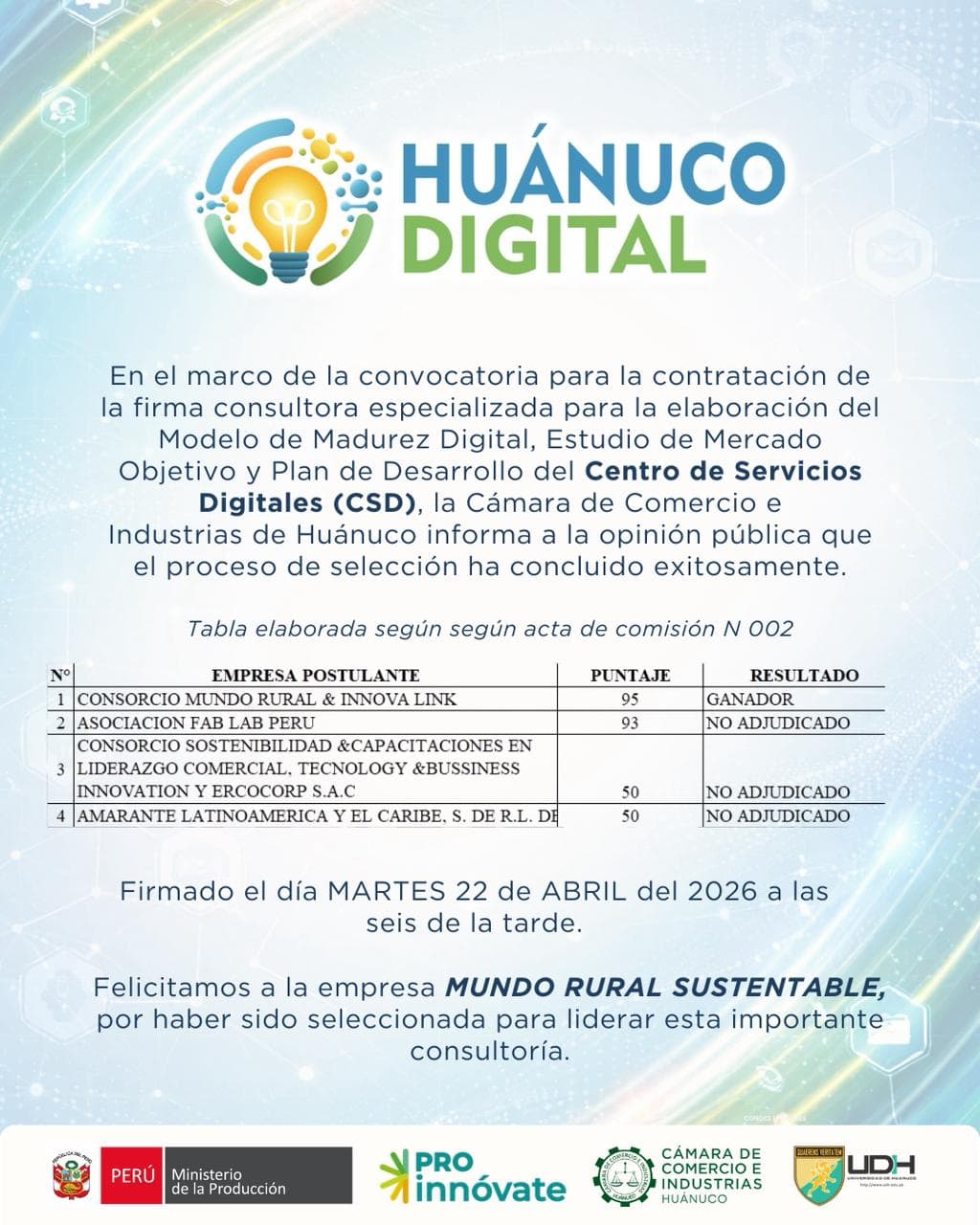 Cámara de Comercio de Huánuco define consultora ganadora para proyecto Huánuco Digital