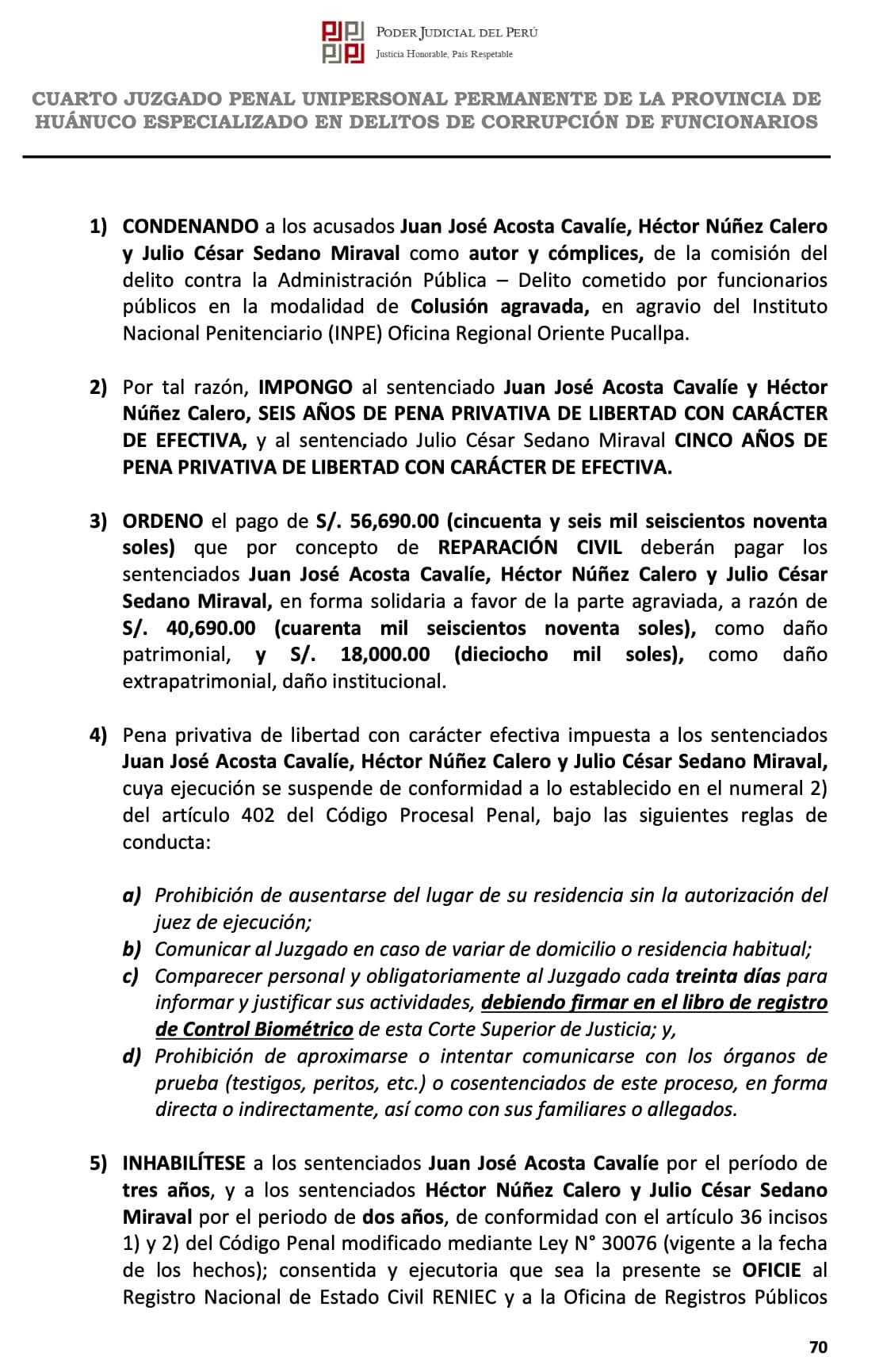 Condenan a seis años de cárcel a tres implicados por pago irregular de S/90 mil en el INPE