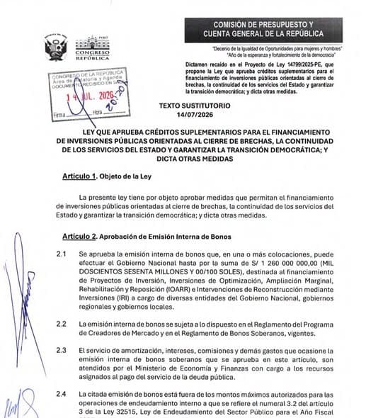 Congreso aprueba paquete de S/9.596 millones y autoriza bonos por hasta S/1.260 millones