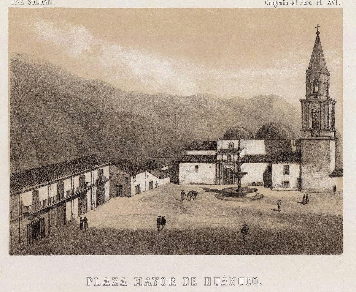 Lámina de 1864 con la Plaza Mayor de Huánuco, su antigua catedral de cúpulas y la torre campanario