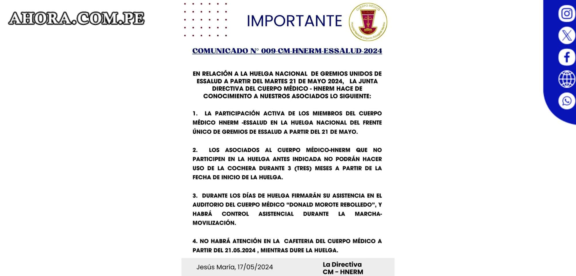 Médicos y enfermeras de EsSalud inician huelga nacional el 21 de mayo