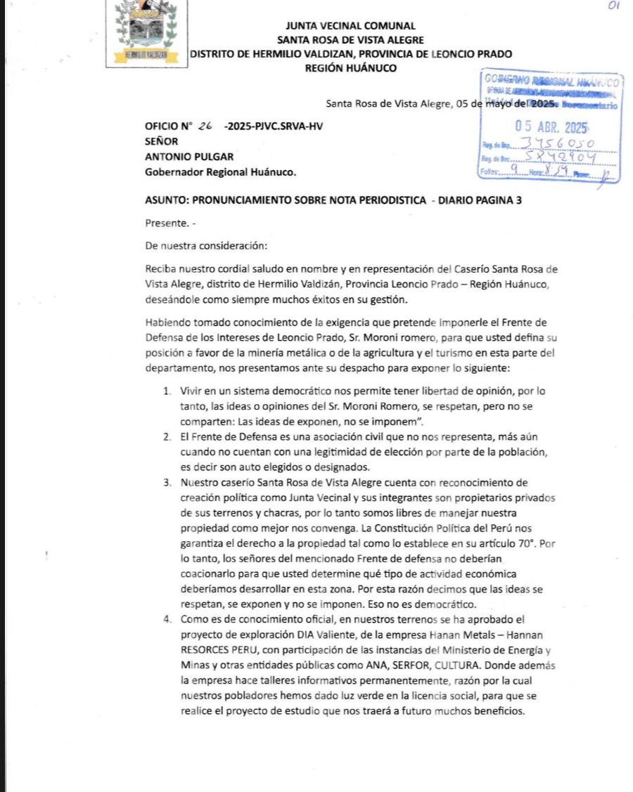 Pobladores de Vista Alegre respaldan proyecto minero y rechazan presiones políticas
